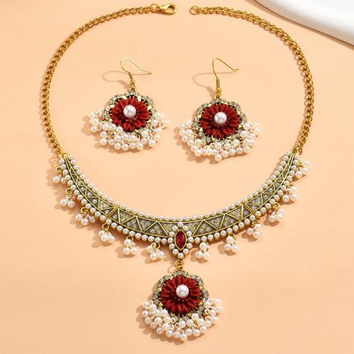 Rhinestone Zinc Alloy Jewelry Set, earring & necklace, with Plastic Pearl, 2 pieces & for woman & with rhinestone, red 