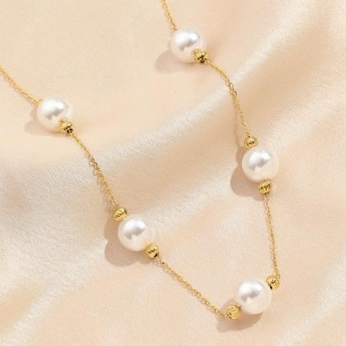 Edelstahl Schmuck Halskette, 304 Edelstahl, mit Kunststoff Perlen, mit Verlängerungskettchen von 5cm, Modeschmuck & für Frau, Länge:ca. 40 cm, verkauft von PC