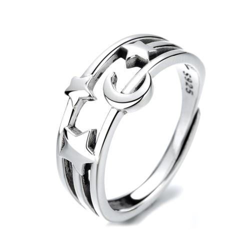 925 Sterling Silver Cuff Finger Ring, Moon and Star, vintage & for woman & hollow, 10mm, US Ring 