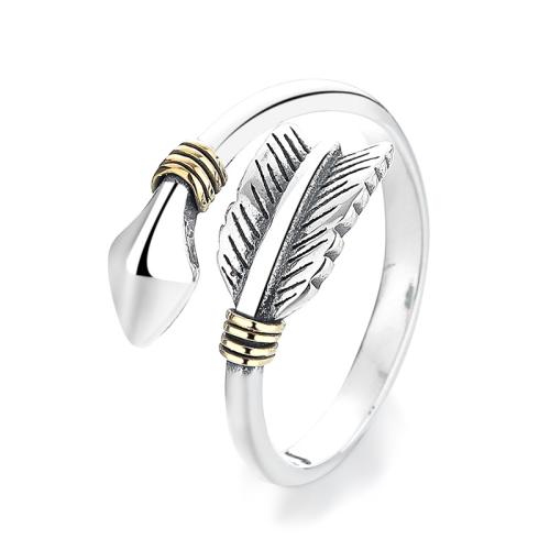 925 Sterling Silver Cuff Finger Ring, Feather, Antique finish, vintage & for woman, US Ring 