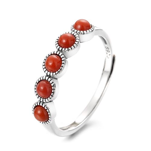 925 Sterling Silver Cuff Finger Ring, with Yunnan Red Agate, Geometrical Pattern, vintage & for woman, US Ring 