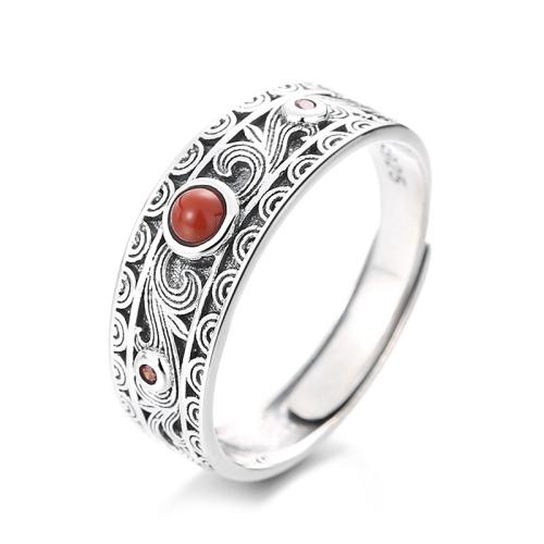 925 Sterling Silver Cuff Finger Ring, with Yunnan Red Agate, Antique finish, vintage & for woman, 7mm, US Ring 