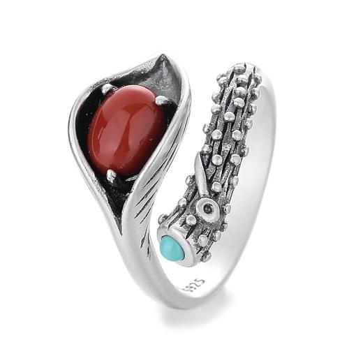 925 Sterling Silver Cuff Finger Ring, with Yunnan Red Agate, vintage & for woman US Ring 