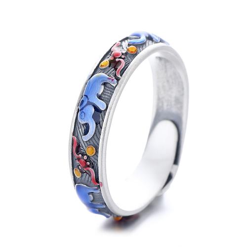 925 Sterling Silver Cuff Finger Ring, Elephant, vintage & for woman & epoxy gel, 5mm, US Ring 
