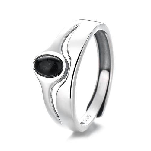 925 Sterling Silver Cuff Finger Ring, with Black Agate, vintage & for woman, 9mm, US Ring 