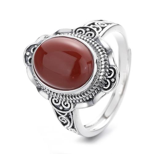 925 Sterling Silver Cuff Finger Ring, with Yunnan Red Agate, Oval, vintage & for woman, 20mm, US Ring 