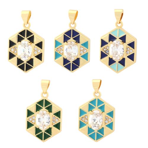 Cubic Zirconia Micro Pave Brass Pendant, Hexagon, 18K gold plated, fashion jewelry & DIY & micro pave cubic zirconia & enamel 