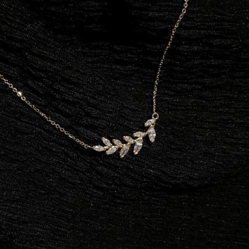 Brass Jewelry Necklace, Leaf, fashion jewelry & for woman & with rhinestone Approx 40 cm 