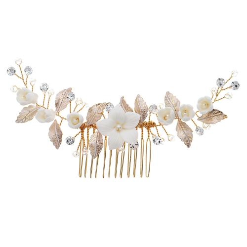 Decorative Hair Combs, Zinc Alloy, with Porcelain, handmade, fashion jewelry & for woman & with rhinestone, golden 