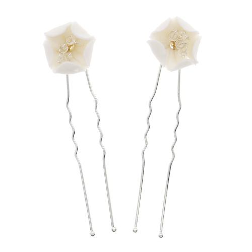 Hair Stick, Zinc Alloy, with Porcelain & Crystal, 2 pieces & for woman, silver color 