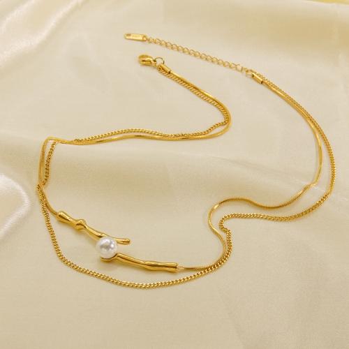 Edelstahl Schmuck Halskette, 304 Edelstahl, mit Muschelkern, mit Verlängerungskettchen von 5cm, Vakuum-Ionen-Beschichtung, Doppelschicht & Modeschmuck & für Frau, keine, Länge:ca. 41 cm, ca. 45 cm, verkauft von PC