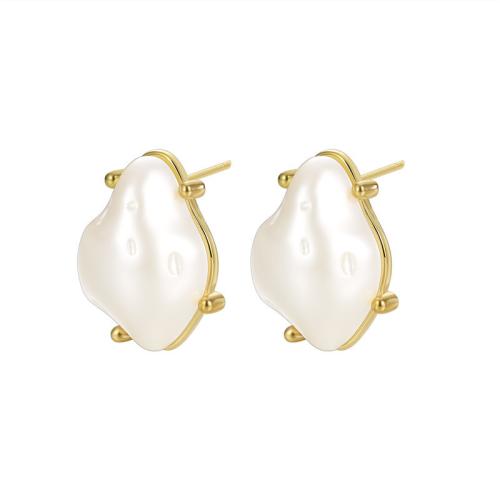 Brass Stud Earring, with Plastic Pearl, plated, for woman, golden 