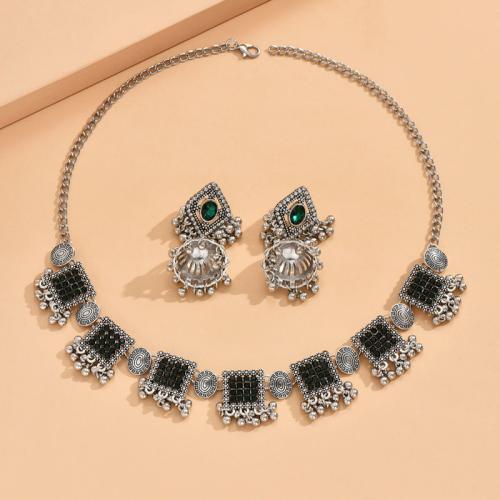 Rhinestone Zinc Alloy Jewelry Set, earring & necklace, plated, 2 pieces & for woman & with rhinestone, green 