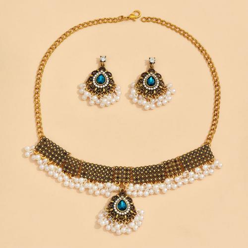 Rhinestone Zinc Alloy Jewelry Set, earring & necklace, with Plastic Pearl, 2 pieces & for woman & with rhinestone, blue 