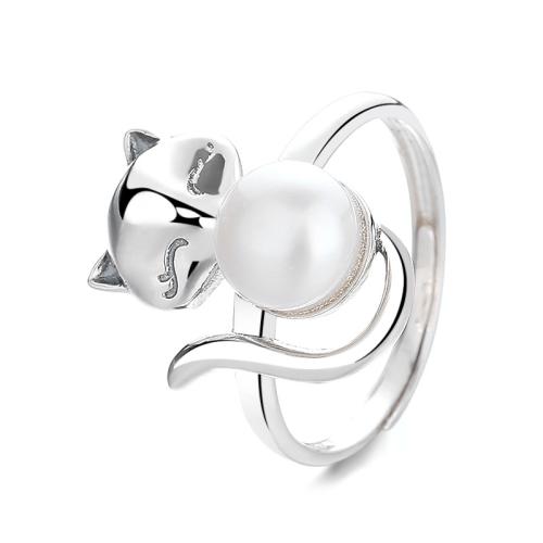 925 Sterling Silver Cuff Finger Ring, with Plastic Pearl, Cat, Korean style & for woman, US Ring 
