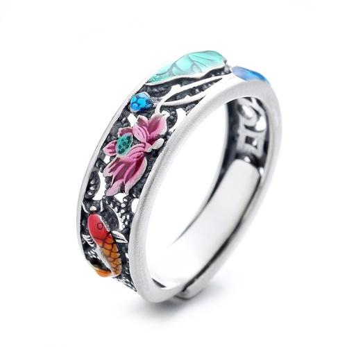 925 Sterling Silver Cuff Finger Ring, vintage & with flower pattern & for woman & epoxy gel, 6mm, US Ring 