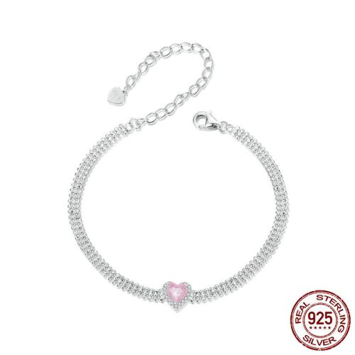 925 Sterling Silver Bracelet, with 2.36inch extender chain, Heart, platinum plated, micro pave cubic zirconia & for woman Approx 5.91 Inch 