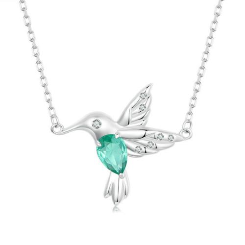 925 Sterling Silver Necklace, with Glass, with 1.97inch extender chain, Hummingbird, platinum plated, oval chain & micro pave cubic zirconia & for woman Approx 15.75 Inch 