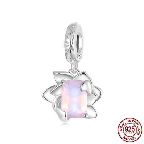 Sterling Silver European Pendants, 925 Sterling Silver, with Glass, Lotus, platinum plated, DIY & micro pave cubic zirconia Approx 4.5mm 