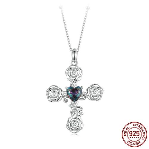 925 Sterling Silver Necklace, with Glass, with 1.97inch extender chain, Cross, platinum plated, oval chain & micro pave cubic zirconia & for woman Approx 17.72 Inch 