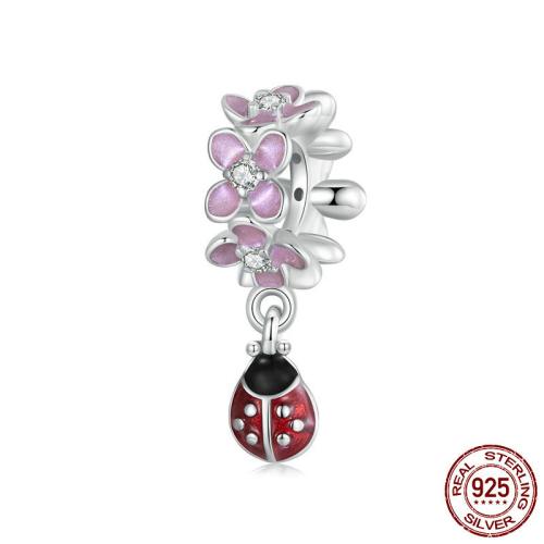 Sterling Silver European Pendants, 925 Sterling Silver, Ladybug, platinum plated, DIY & micro pave cubic zirconia & enamel Approx 4.5mm [