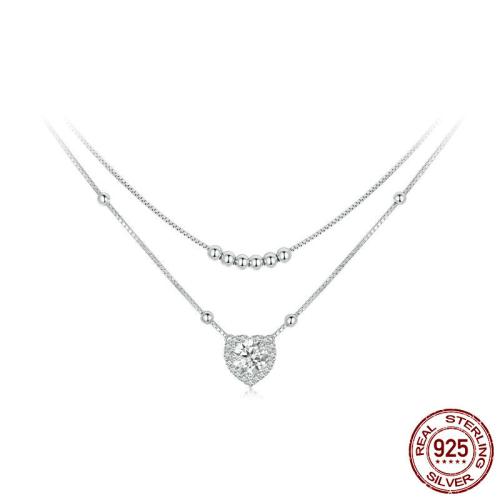 925 Sterling Silver Necklace, with Moissanite, with 1.97inch extender chain, Heart, platinum plated, Double Layer & box chain & micro pave cubic zirconia & for woman Approx 15.75 Inch 