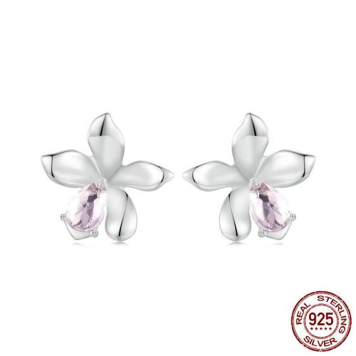 925 Sterling Silver Stud Earring, with Glass, Flower, platinum plated, fashion jewelry & for woman 