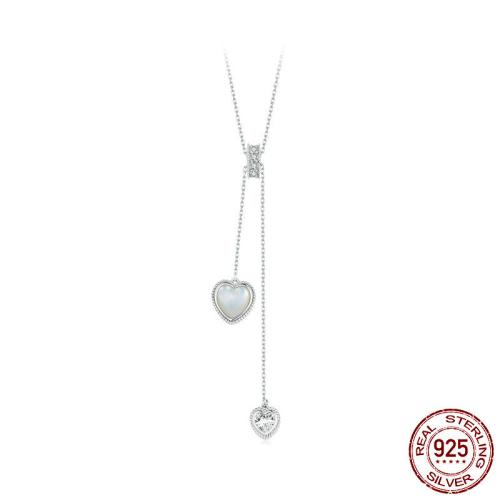 925 Sterling Silver Necklace, with White Shell, Heart, platinum plated, oval chain & micro pave cubic zirconia & for woman Approx 23.62 Inch 