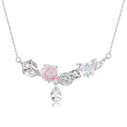 925 Sterling Silver Necklace, with Resin, Flower, platinum plated, oval chain & micro pave cubic zirconia & for woman Approx 19.69 Inch 