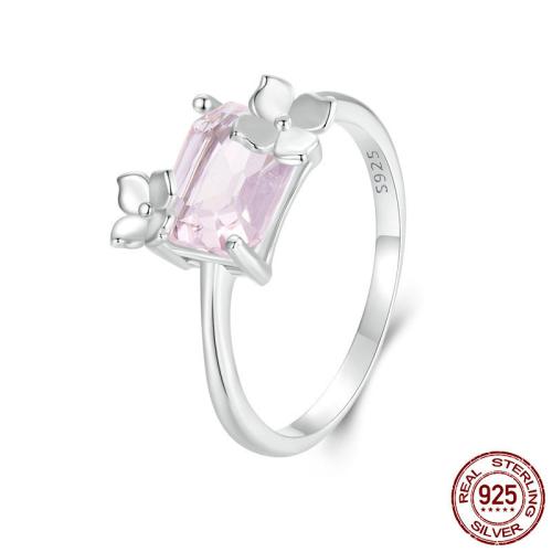 925 Sterling Silver Finger Ring, with Glass, Flower, platinum plated & for woman, US Ring 
