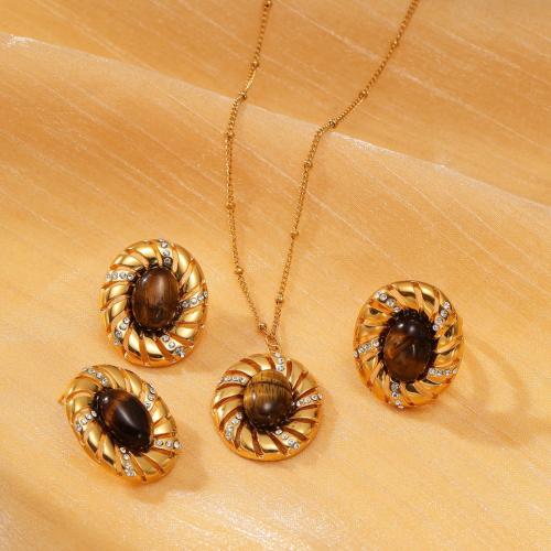 Cubic Zirconia Stainless Steel Jewelry Sets, 304 Stainless Steel, with Tiger Eye, fashion jewelry & micro pave cubic zirconia & for woman, golden 