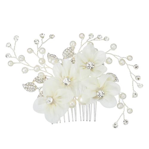 Decorative Hair Combs, Zinc Alloy, with Cloth & Plastic Pearl, handmade, fashion jewelry & for woman & with rhinestone, silver color 