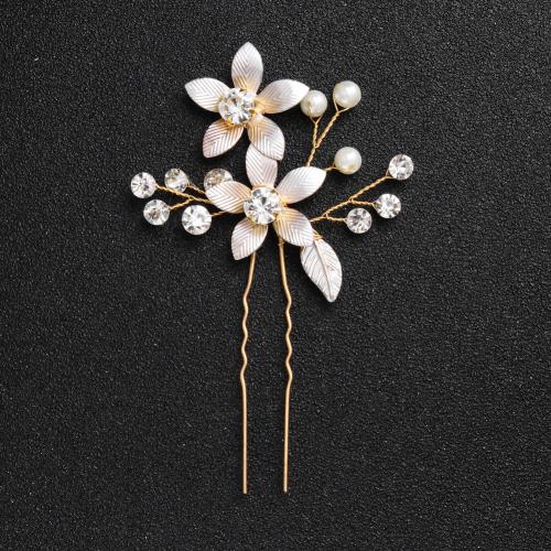 Hair Stick, Zinc Alloy, with Plastic Pearl, gold color plated, 2 pieces & for woman & with rhinestone, golden 