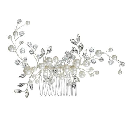 Decorative Hair Combs, Zinc Alloy, with Crystal & Plastic Pearl, fashion jewelry & for woman & with rhinestone, silver color 