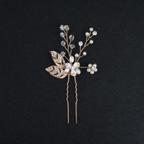 Hair Stick, Zinc Alloy, with Plastic Pearl, fashion jewelry & for woman & with rhinestone, golden 
