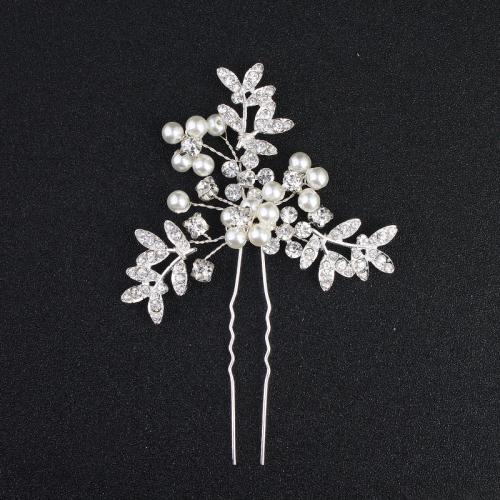 Hair Stick, Zinc Alloy, with Plastic Pearl, fashion jewelry & for woman & with rhinestone, silver color 