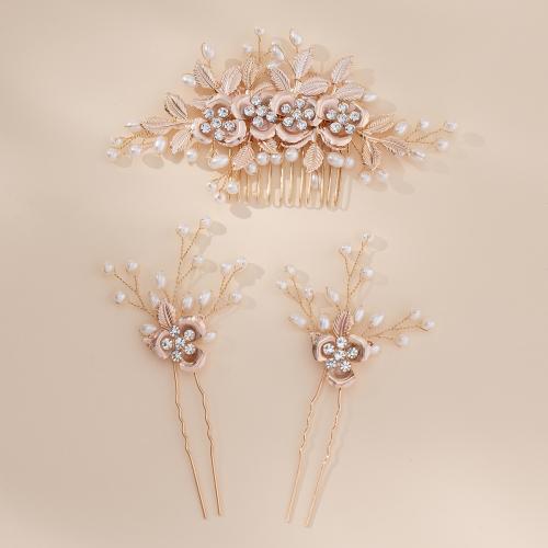 Zinc Alloy Hair Jewelry Set, hair comb & hair stick, with Plastic Pearl, three pieces & for woman & with rhinestone, golden 