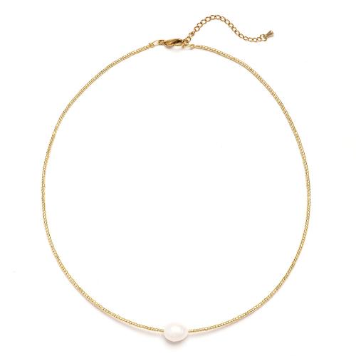 Natural Freshwater Pearl Necklace, 304 Stainless Steel, with Freshwater Pearl, with 5.8cm extender chain, Vacuum Ion Plating, fashion jewelry & for woman, golden .5 cm 