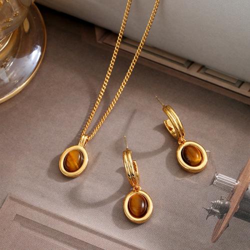 Brass Jewelry Set, with Tiger Eye, with 6CM extender chain, gold color plated & for woman Length 28, width 1CM cm 