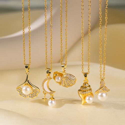 Titan Schmuck Halskette, Titanstahl, mit Kunststoff Perlen & Messing, plattiert, verschiedene Stile für Wahl & Micro pave Zirkonia & für Frau, goldfarben, verkauft von PC