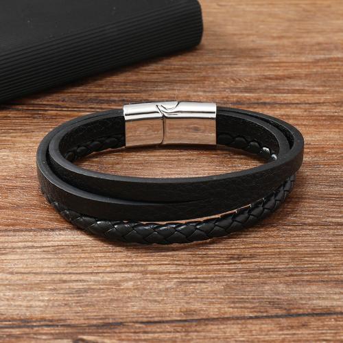 PU Leather Cord Bracelets, Zinc Alloy, with PU Leather, for man, black 