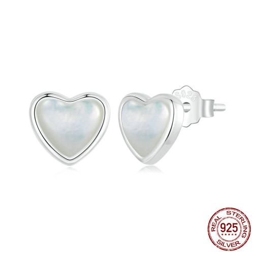 925 Sterling Silver Stud Earring, with White Shell, Heart, platinum plated, fashion jewelry & for woman 