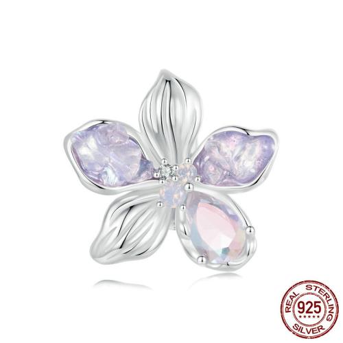 Cubic Zirconia Sterling Silver European Beads, 925 Sterling Silver, with Opal & Glass & Silicone, Flower, platinum plated, DIY & micro pave cubic zirconia Approx 4.5mm 