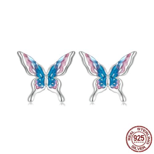 925 Sterling Silver Stud Earring, Butterfly, platinum plated, for woman & enamel [