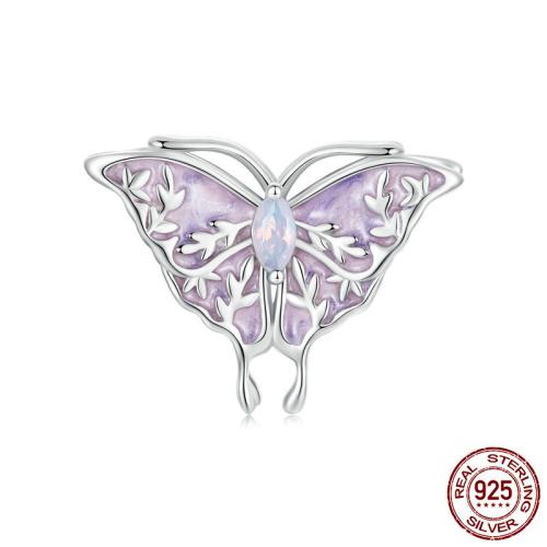 Enamel Sterling Silver European Beads, 925 Sterling Silver, with Opal, Butterfly, platinum plated, DIY Approx 4.5mm [