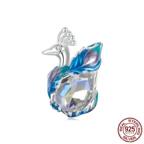 Cubic Zirconia Sterling Silver European Beads, 925 Sterling Silver, with Glass, Peacock, platinum plated, DIY & micro pave cubic zirconia & enamel Approx 4.5mm 