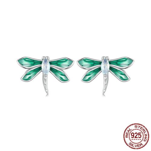 925 Sterling Silver Stud Earring, with Opal, Dragonfly, platinum plated, for woman & enamel 