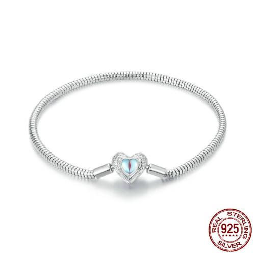 925 Sterling Silver Bracelet, with Moonstone, Heart, platinum plated & snake chain & for woman 