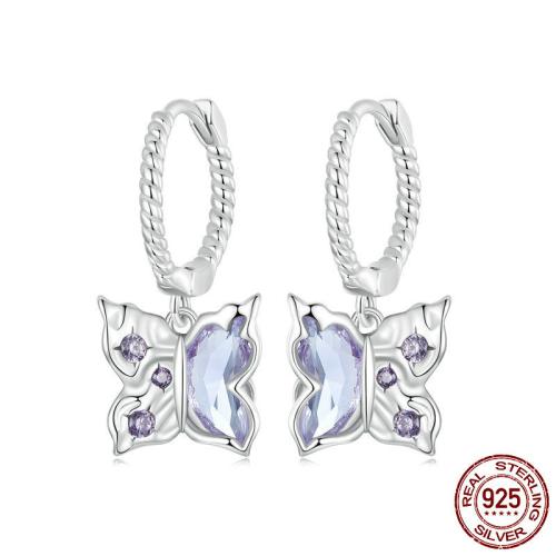 925 Sterling Silver Huggie Hoop Drop Earring, with Glass, Butterfly, platinum plated, micro pave cubic zirconia & for woman 