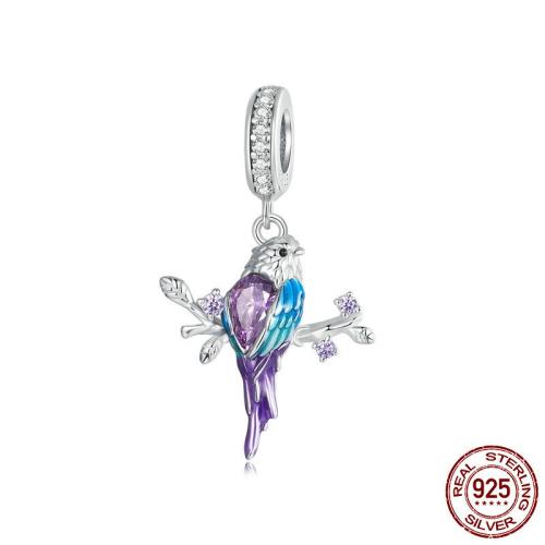 Sterling Silver European Pendants, 925 Sterling Silver, Bird, platinum plated, DIY & micro pave cubic zirconia & enamel Approx 4.5mm 